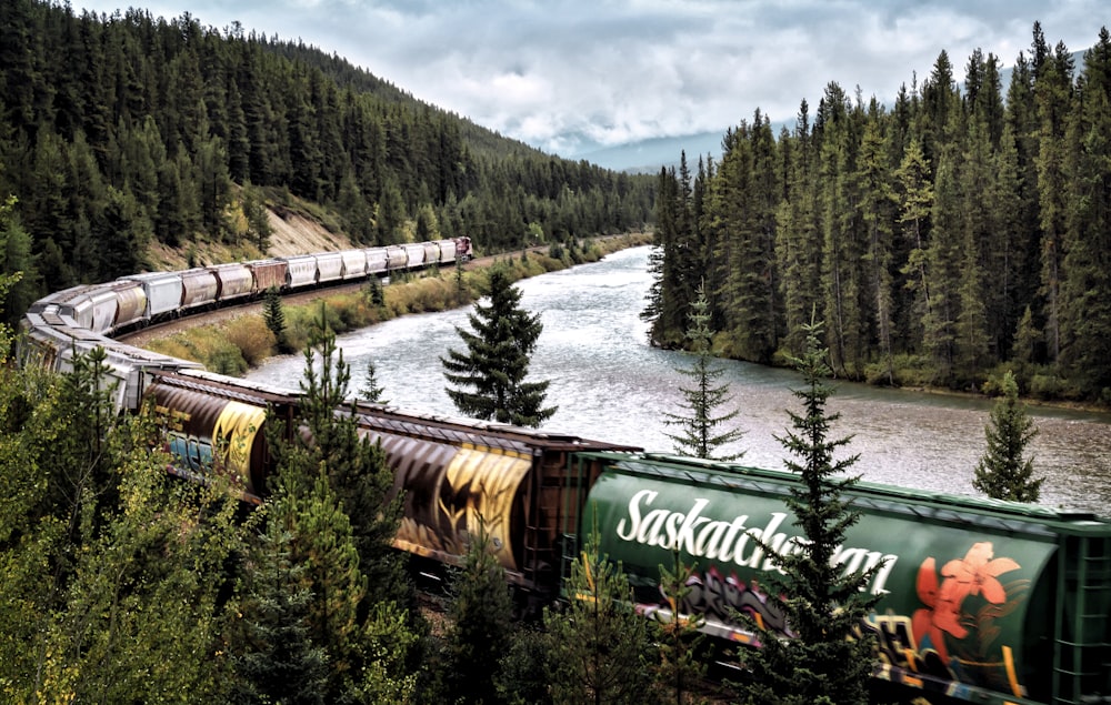 green and brown train on rail near river during daytime