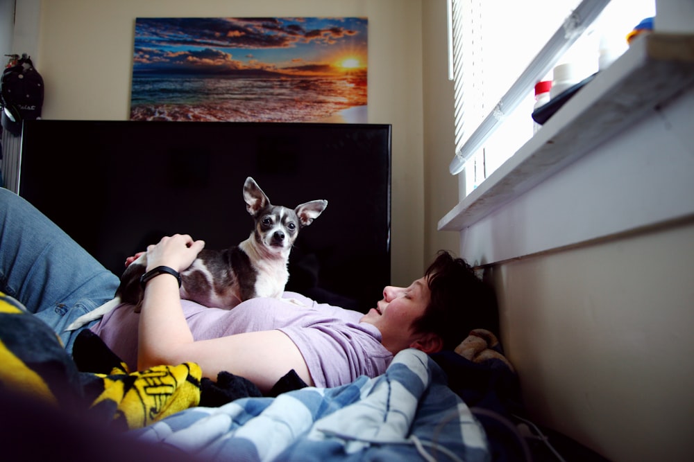 man in black t-shirt lying on bed beside white and black short coated small dog