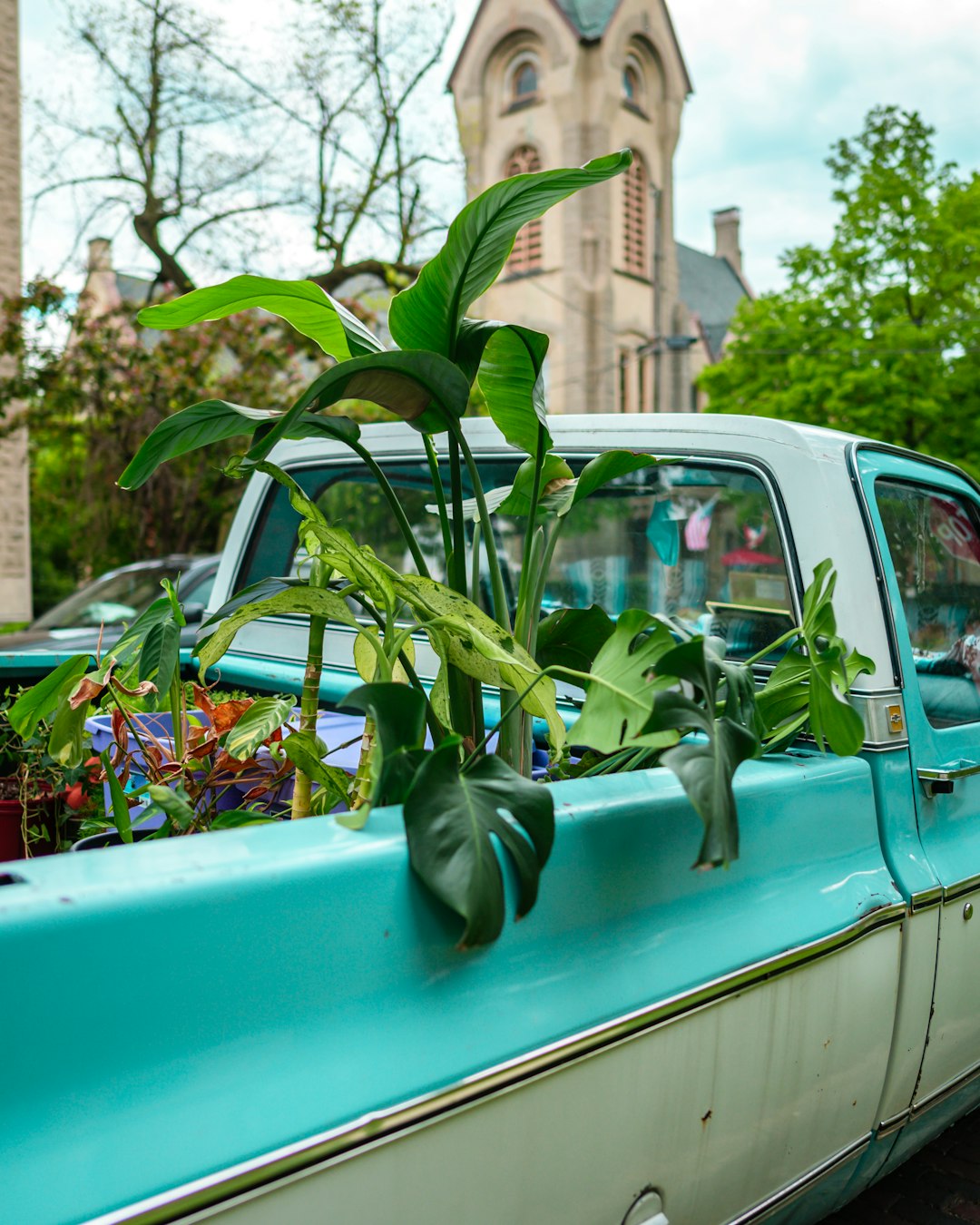 green car with flowers on top