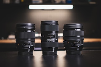 black camera lens on table
