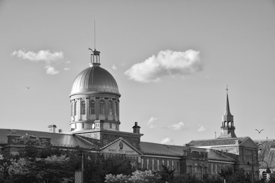 grayscale photo of dome building in Bonsecours Market Canada