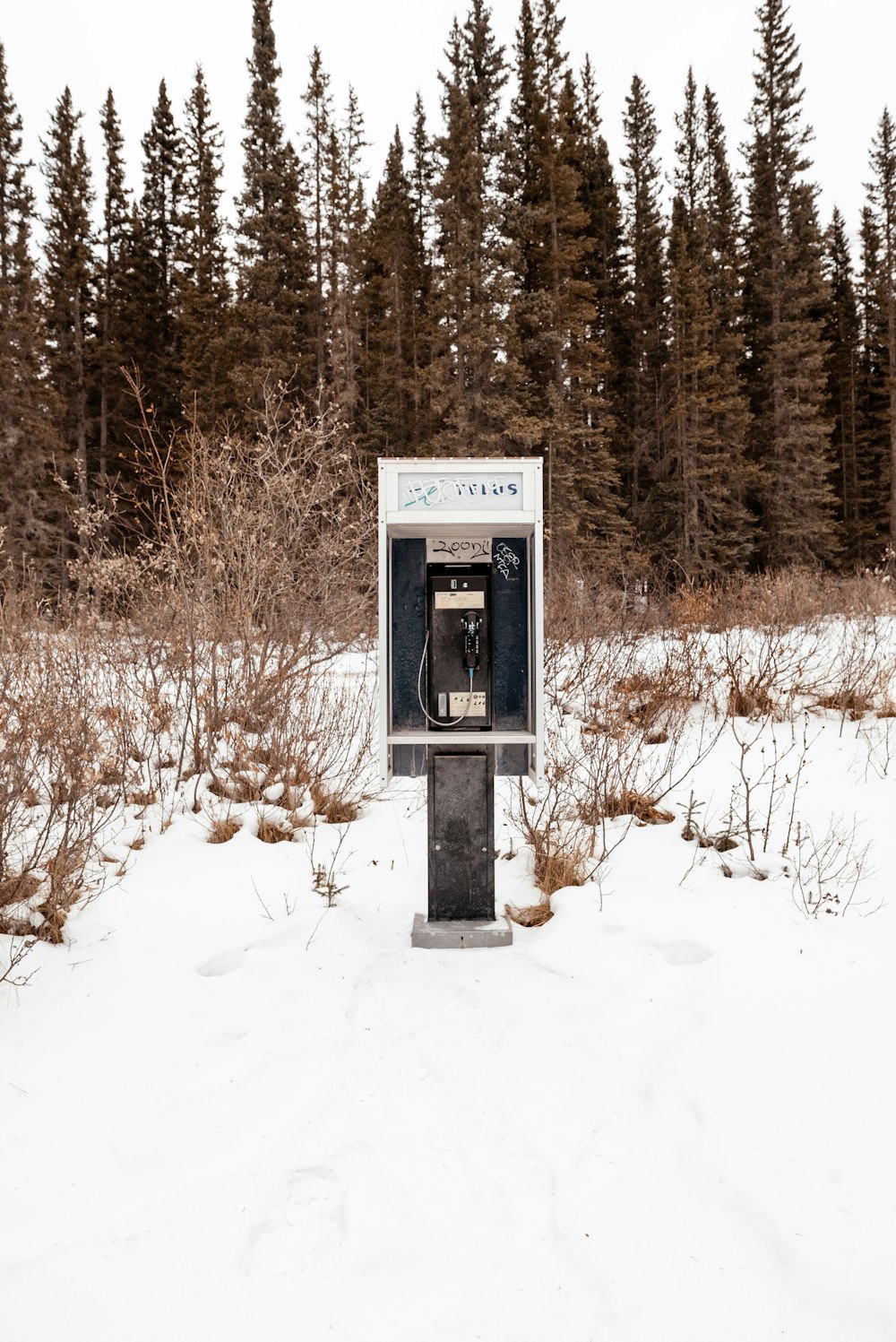 black and gray telephone booth on snow covered ground