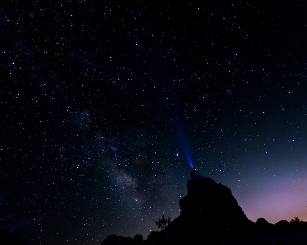 silhouette of person standing on rock under starry night