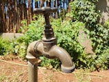 A weathered outdoor faucet stands in a garden setting, surrounded by lush green foliage and a wooden fence. The metal tap is mounted on a pipe and shows signs of aging, with a slightly tarnished look. Sunlight casts soft shadows, highlighting the natural texture of the surroundings.