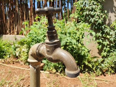 A weathered outdoor faucet stands in a garden setting, surrounded by lush green foliage and a wooden fence. The metal tap is mounted on a pipe and shows signs of aging, with a slightly tarnished look. Sunlight casts soft shadows, highlighting the natural texture of the surroundings.