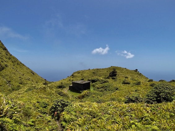A serene finca surrounded by lush green hills under a clear blue sky.