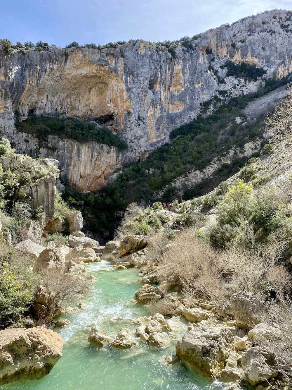 montagne rocheuse verte et brune au bord de la rivière pendant la journée