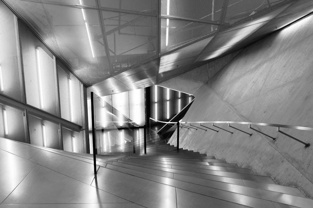 grayscale photo of empty hallway