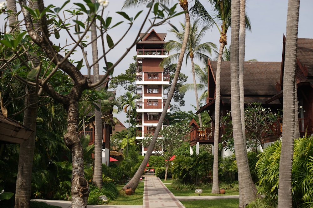 a walkway between two buildings between palm trees