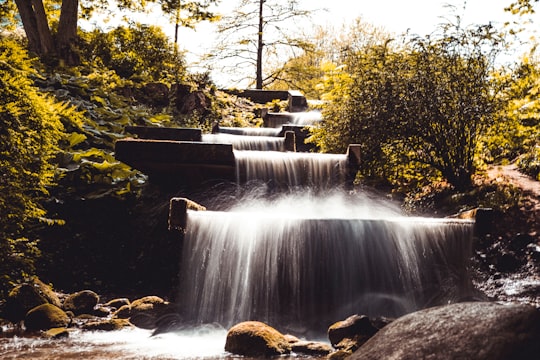 water falls in the middle of green trees in Planten un Blomen Germany