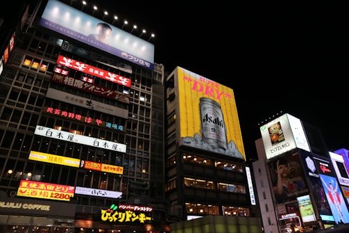 A vibrant billboard showcasing the brand name 'sanju' in bold letters against a cityscape at dusk.