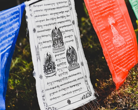A close-up of intricate designs on a prayer flag.