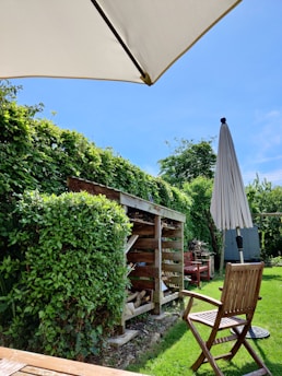 A sunny garden scene with a wooden patio chair facing a stack of firewood under a wooden shelter. An umbrella stands nearby, folded. Lush green hedges and bushes surround the area, and the sky is a clear blue. A red wooden bench is partially visible in the distance.