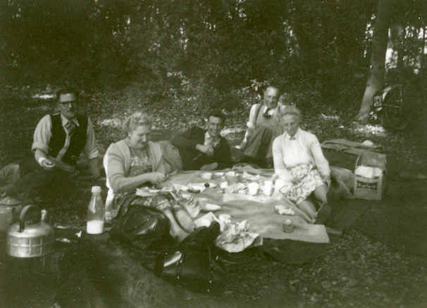 A group of friends enjoying a picnic outdoors using Terraviva's camping gear.