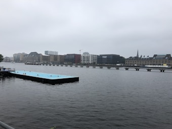 A large body of water with an outdoor pool on its surface, where several people are swimming. The background features a variety of modern and historical buildings, alongside a long bridge spanning the water. The sky is overcast, creating a subdued atmosphere.