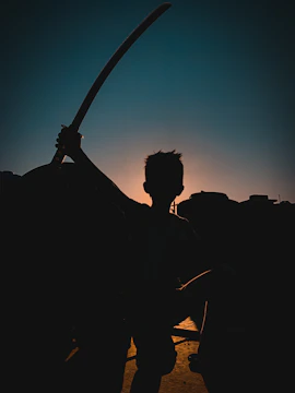 A hero standing atop a mountain, sword raised against a fiery sunset.