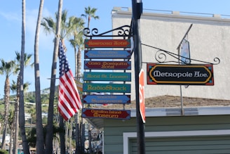 A street signpost with multiple colorful directional signs pointing to various locations, accompanied by an American flag. The background features palm trees and a beige building facade with a sign that reads 'Metropole Ave.'.