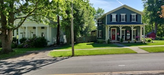 Two houses are situated on a street lined with greenery. The house on the left is white with classical columns and surrounded by trees and shrubs. The house on the right is a two-story structure painted in dark blue, featuring white trim, a porch, and a bright red door. A road runs in the foreground with a clear sky and sunlight casting shadows.