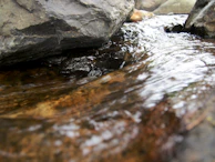 Flowing water over smooth stones with pastel reflections, evoking tranquility and cleansing.