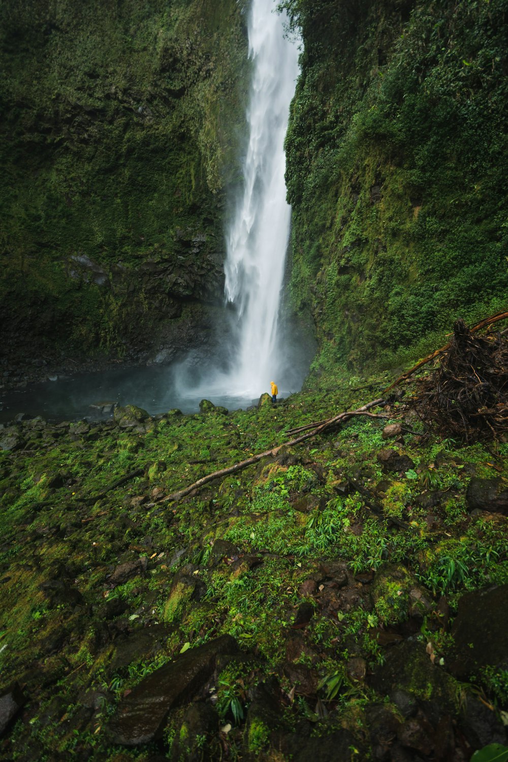 person in yellow jacket standing on green grass near waterfalls during daytime