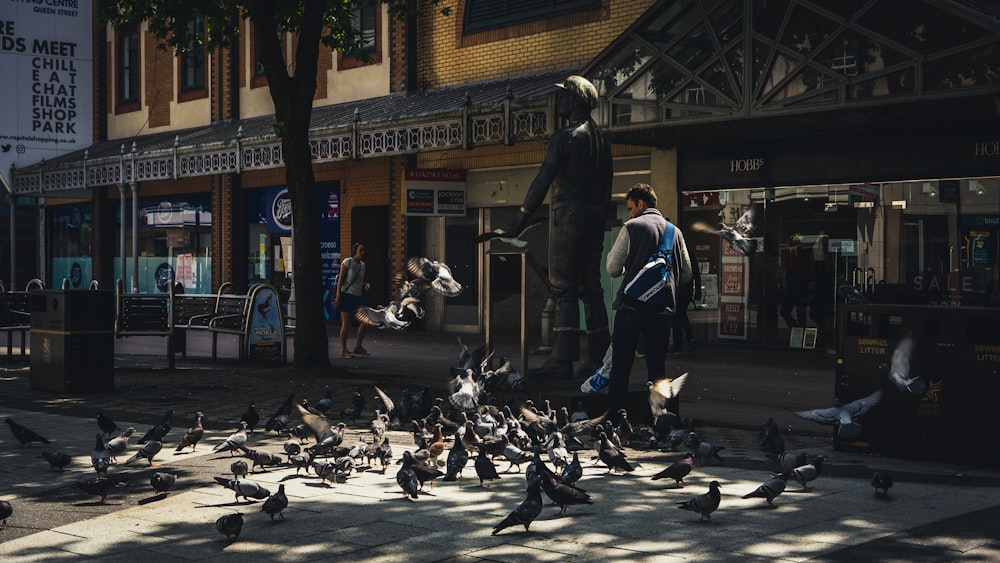 man in black leather jacket standing on sidewalk with pigeons on the ground