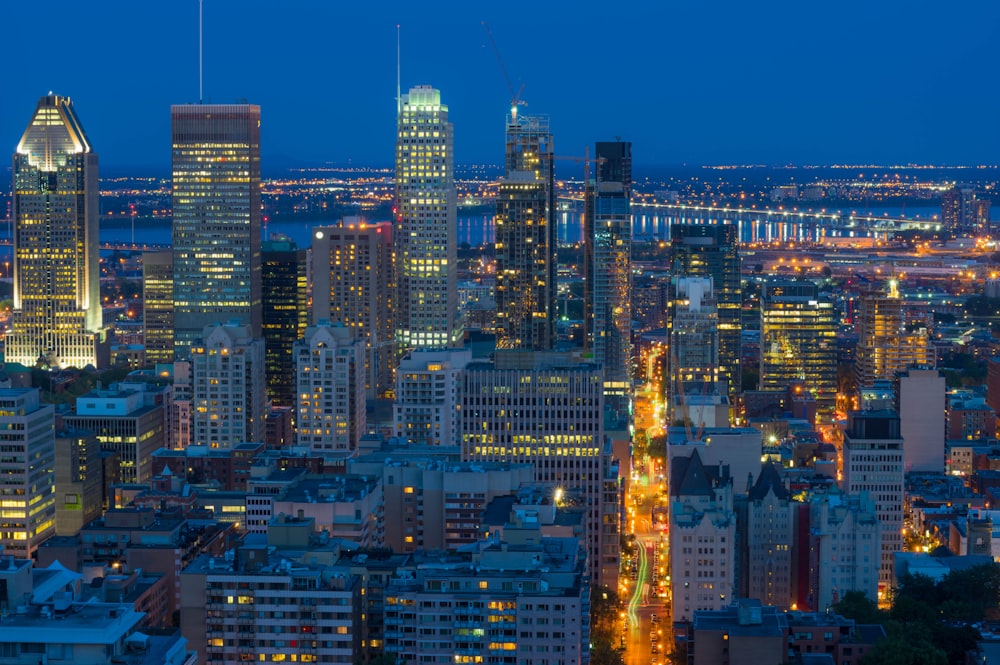 city skyline during night time