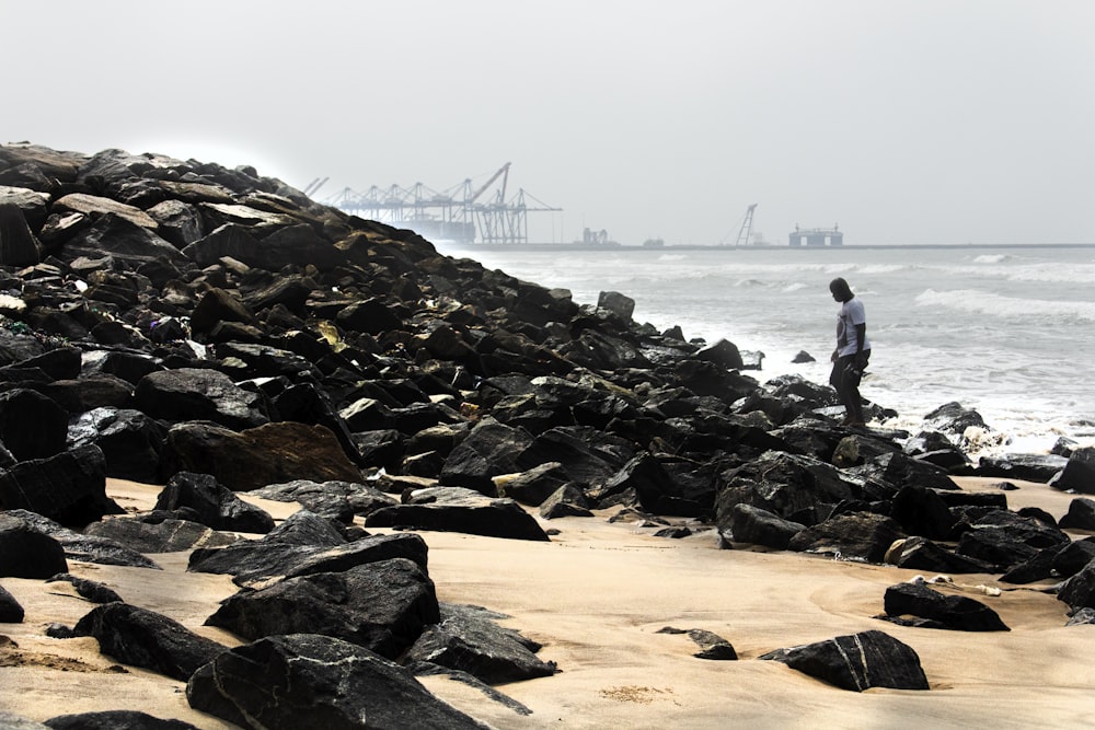 a man standing on a rocky beach next to the ocean