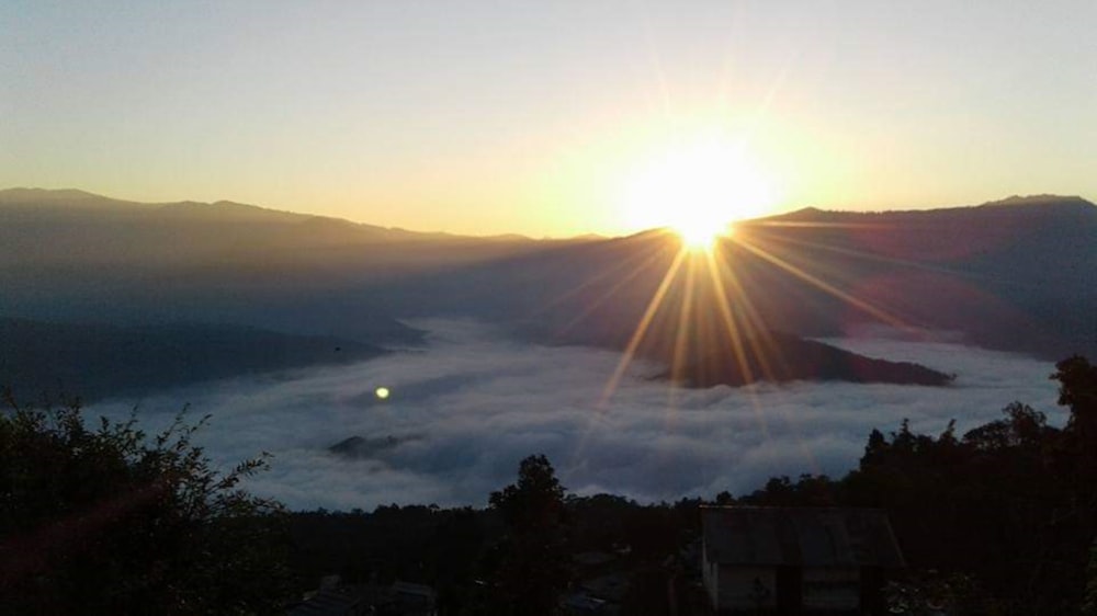 green trees and mountains during sunrise