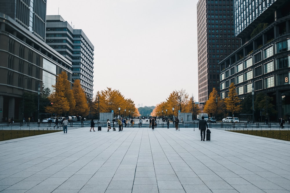 people walking on sidewalk near high rise buildings during daytime