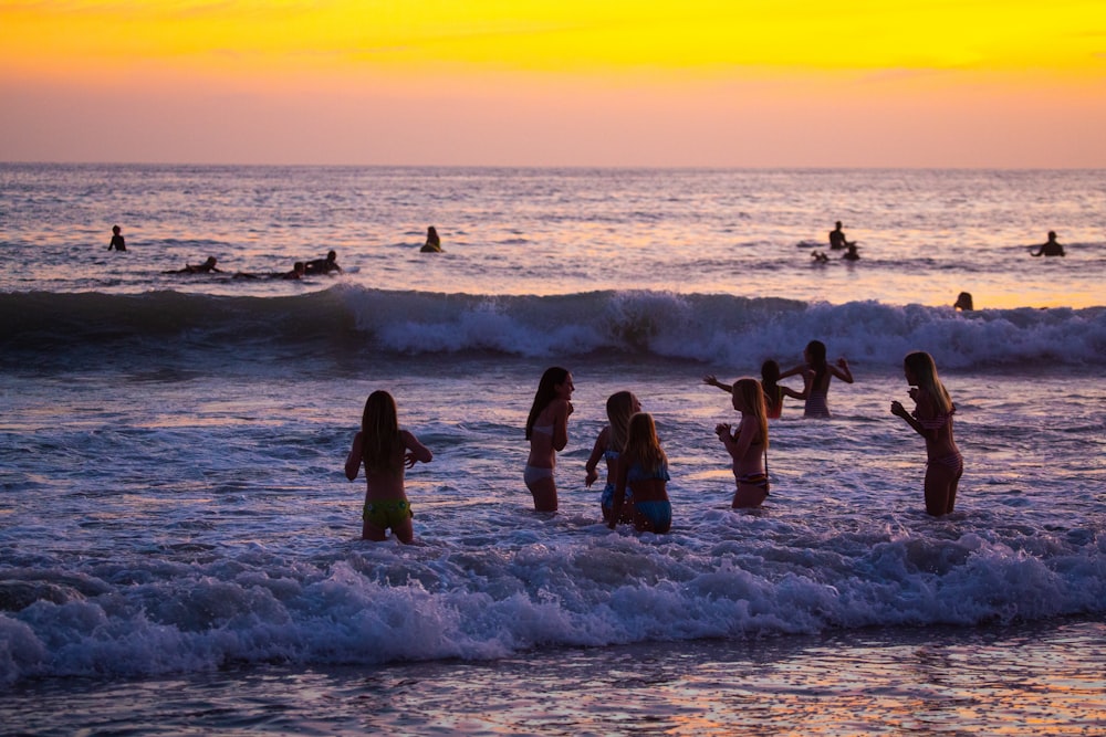 people on beach during sunset