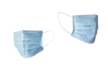 Two disposable medical face masks in light blue are suspended on a plain white background. Each mask features pleated layers and elastic ear loops.