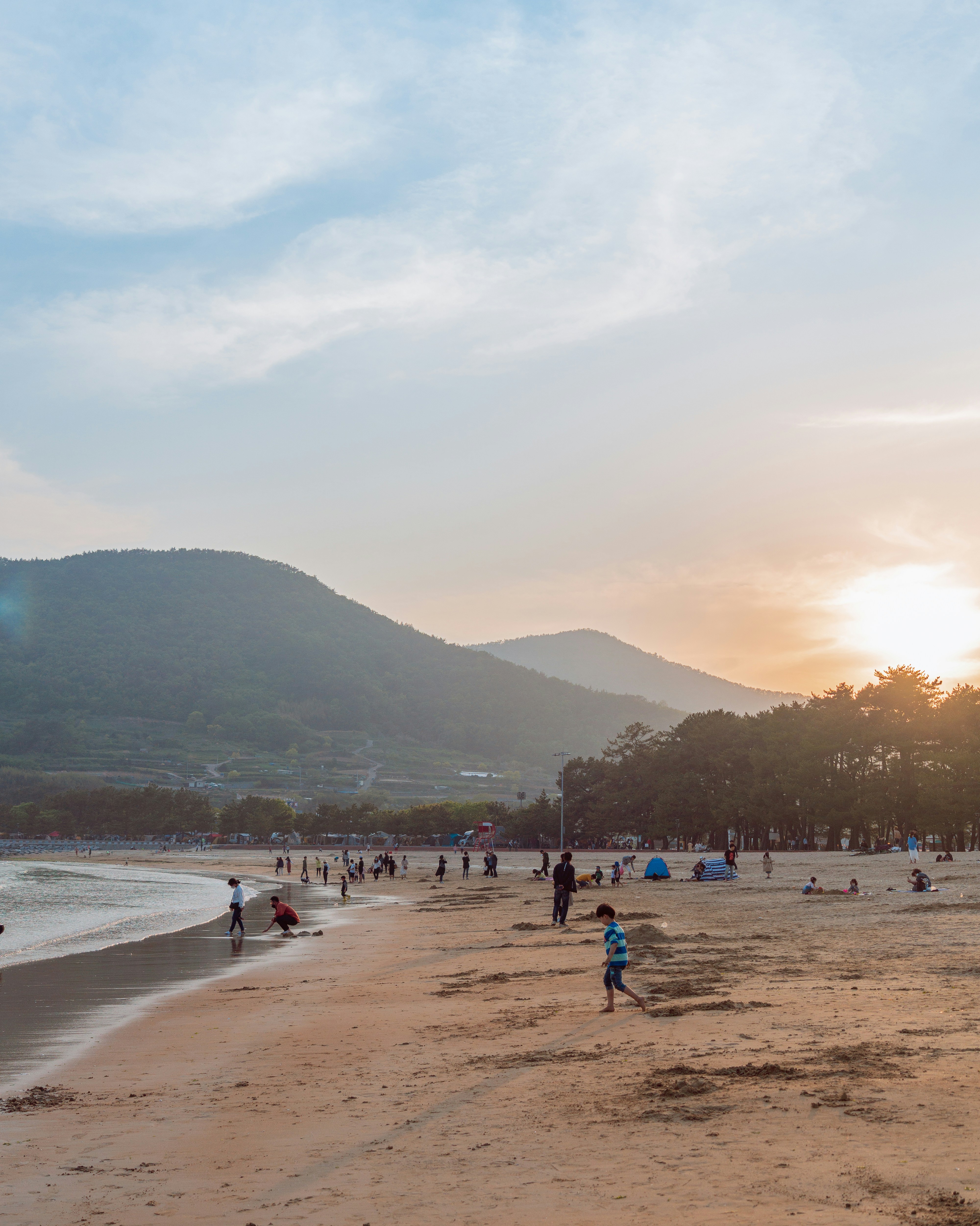 people on beach during sunset