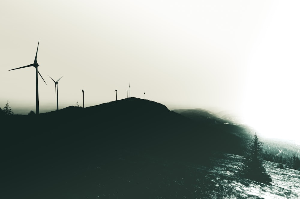 silhouette of wind turbines on hill during daytime