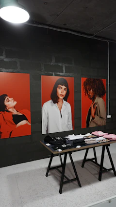 A vibrant display of three women's clothing pieces from Lumifemme, set against a calming blue background.