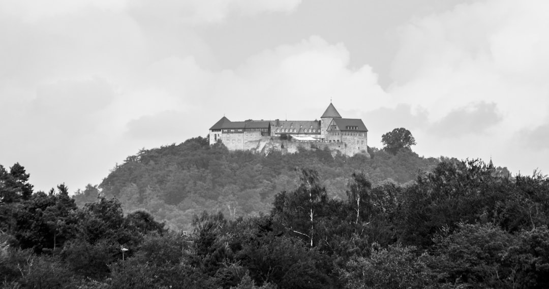 grayscale photo of house surrounded by trees