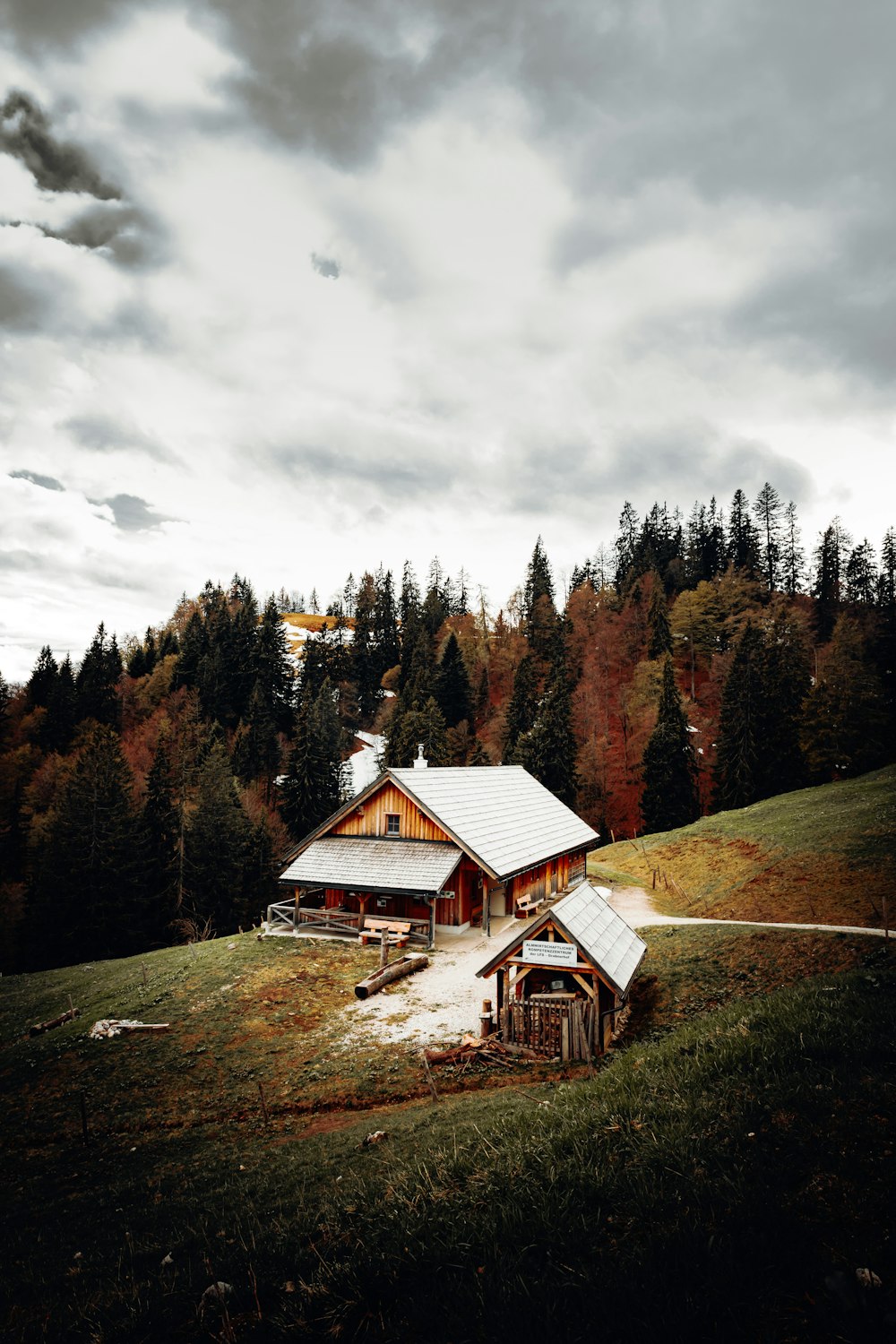 brown wooden house near green trees under cloudy sky during daytime