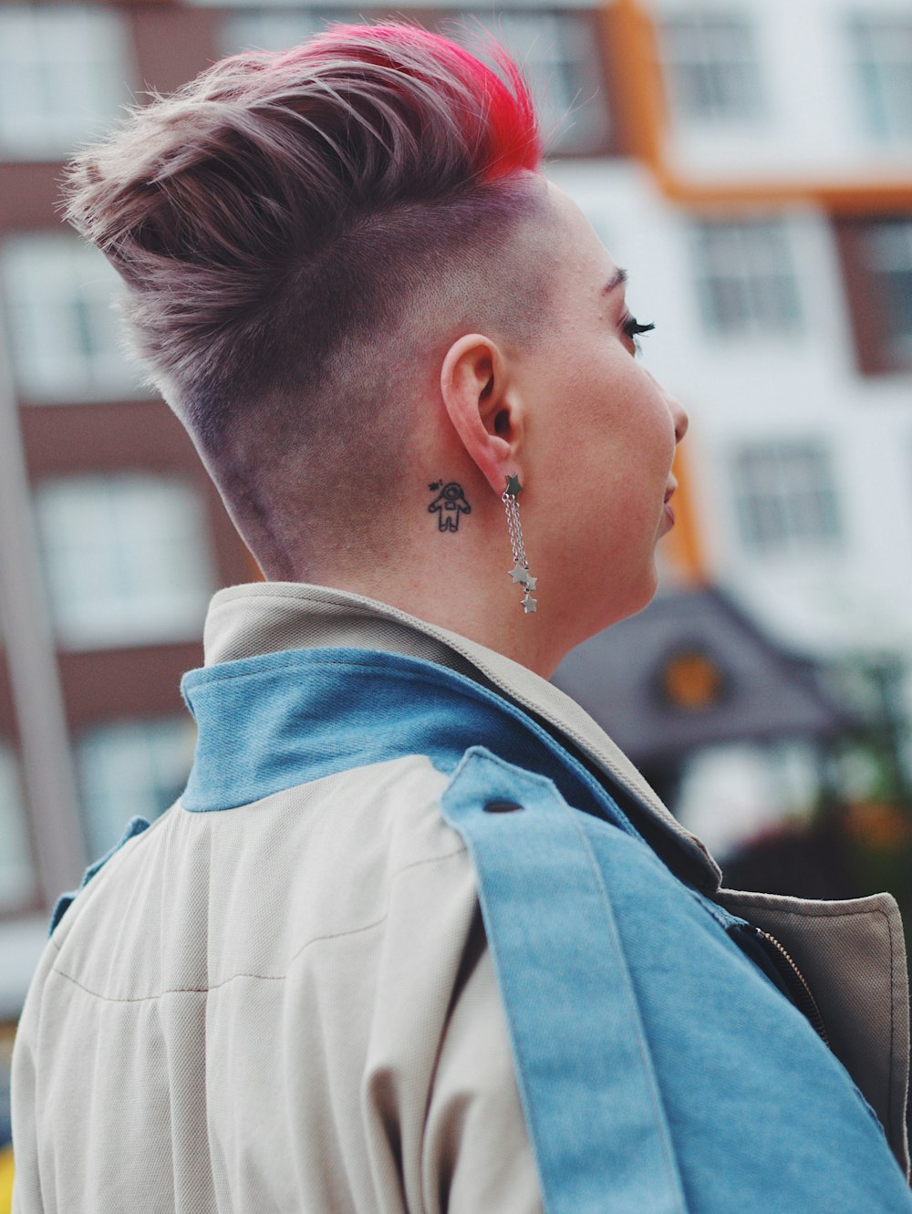 woman in blue and white jacket