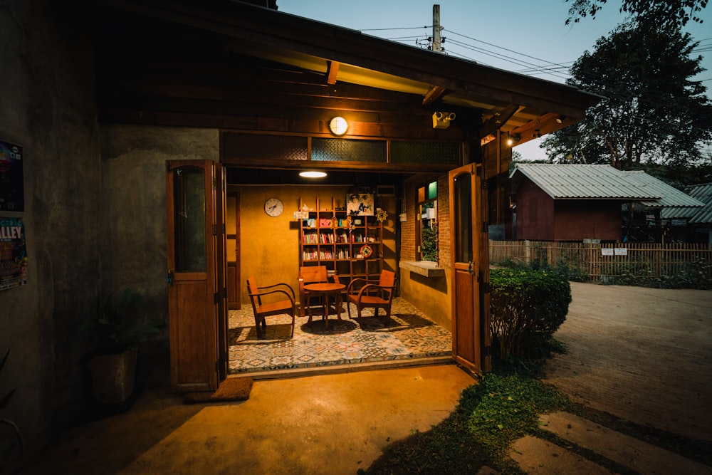 brown wooden store with chairs and tables