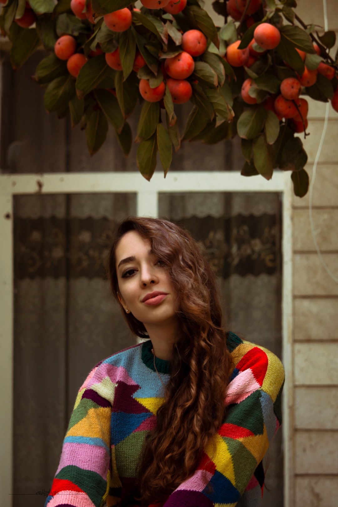 woman in green yellow and blue sweater standing near red leaves