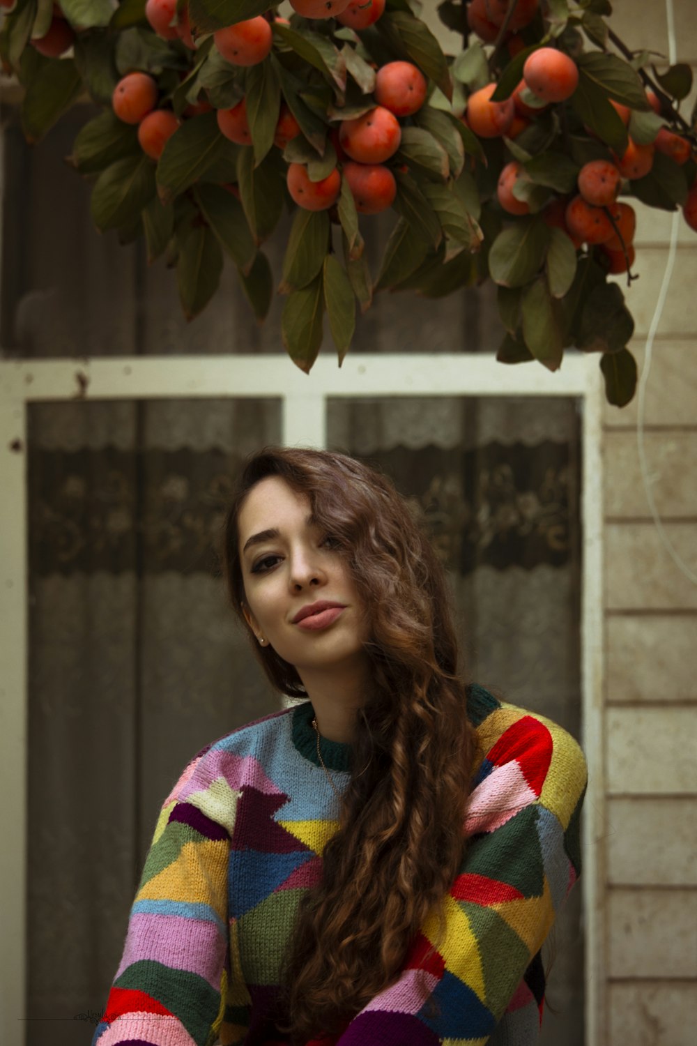 woman in green yellow and blue sweater standing near red leaves