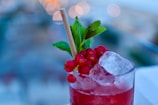 A refreshing cocktail in a glass garnished with a slice of ice, red currants, and fresh mint leaves. The background is blurred, adding a bokeh effect with circular lights.