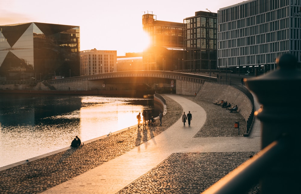 people walking on concrete pathway near body of water during sunset