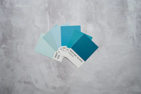 teal and white paper on gray concrete floor
