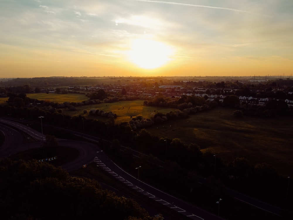 aerial view of city during sunset