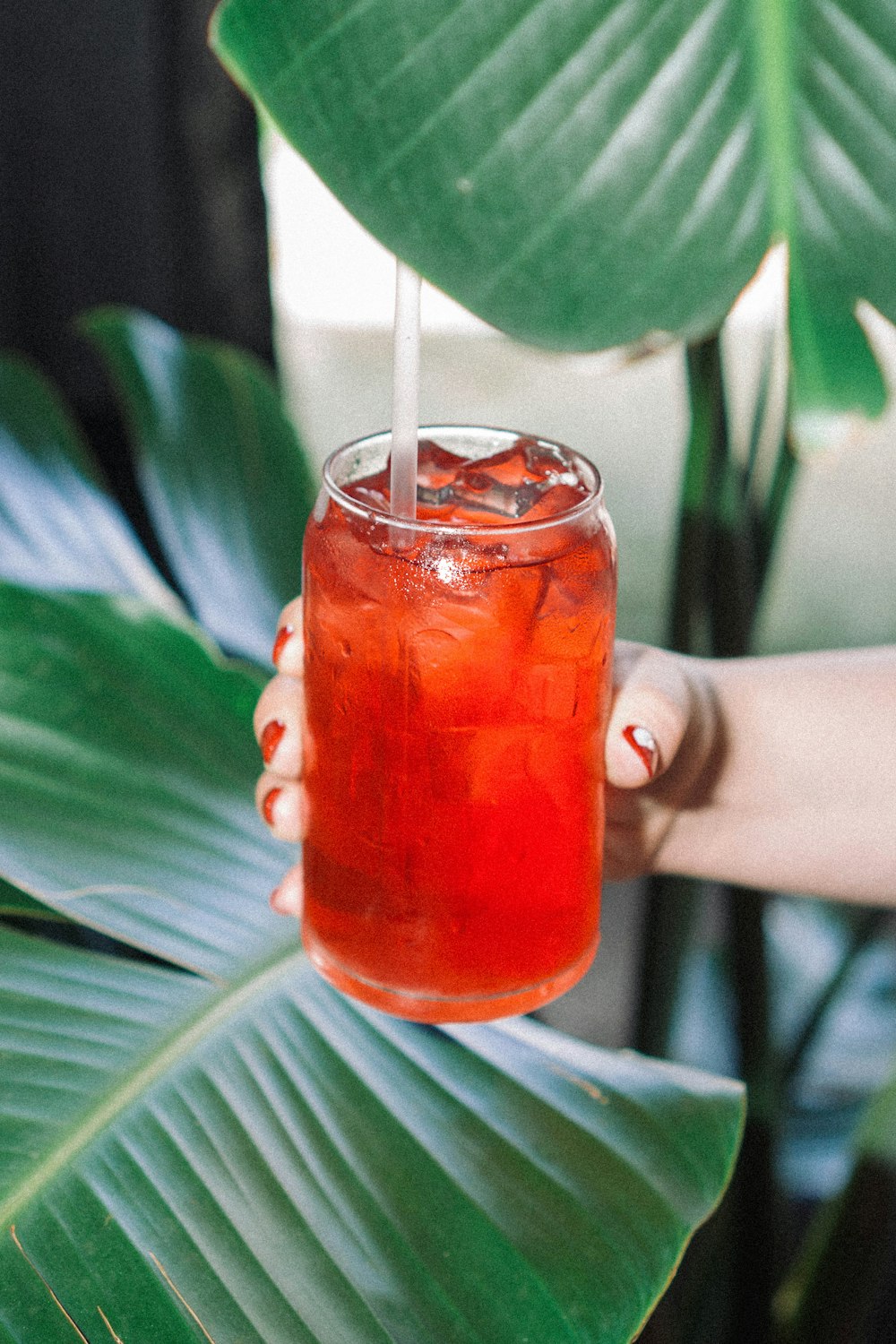 personne tenant un verre à boire transparent avec un liquide rouge