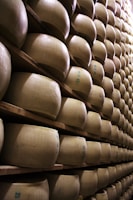 Close-up of fresh cheese blocks stacked neatly on a wooden shelf.