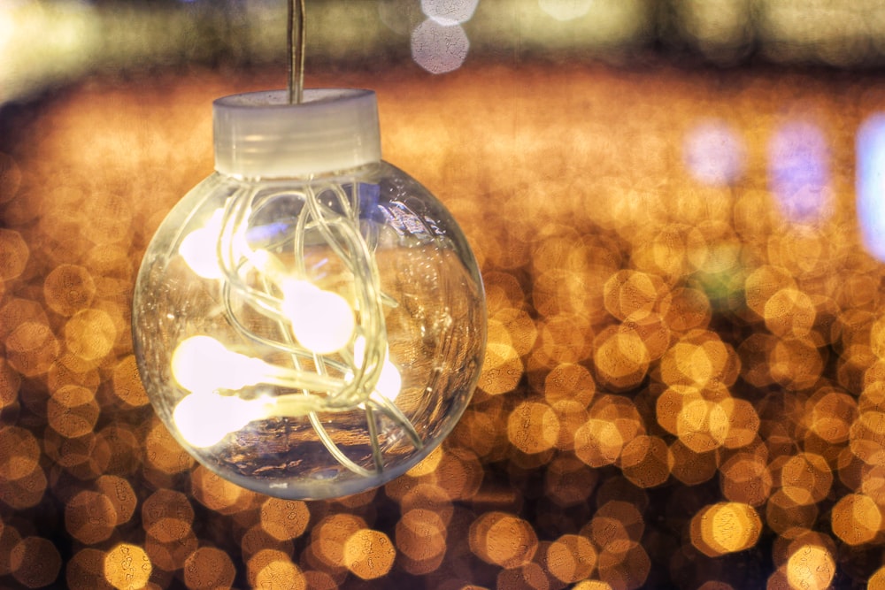 clear glass light bulb with brown round fruits