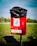 A red outdoor waste bin situated on a grassy area, with a black plastic bag lining the top. The bin features a sign illustrating a person disposing of waste alongside a dog, indicating it is for dog waste. The background is slightly blurred, showing green trees and a blue sky.