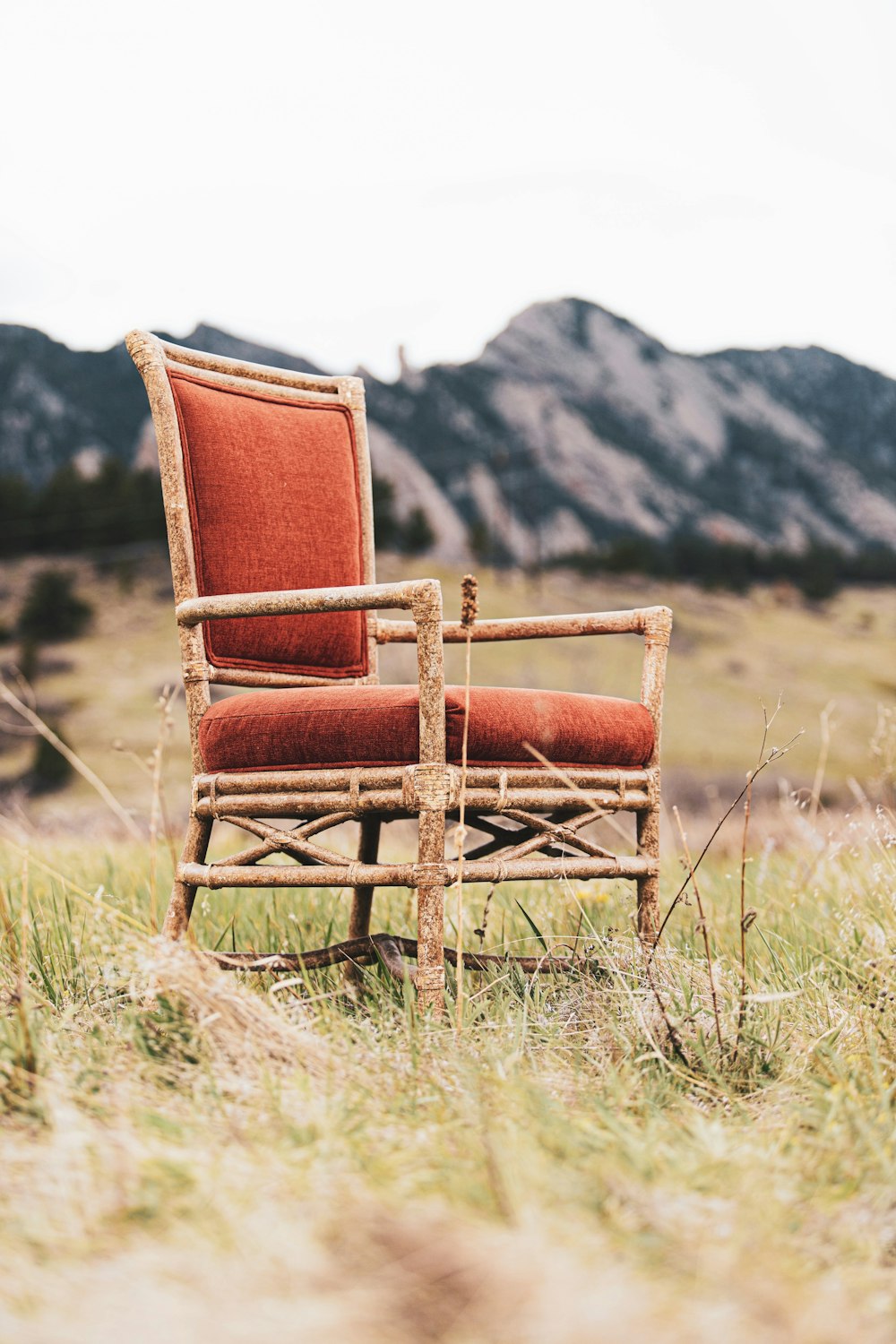 brown wooden armchair on green grass field during daytime