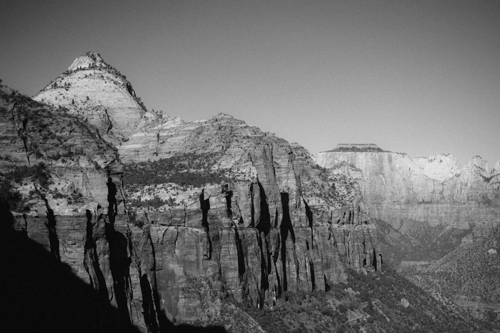 grayscale photo of rocky mountain